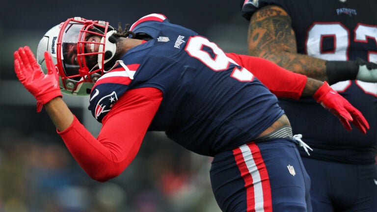 Patriots LB Matthew Judon does his celebration move after he recorded a first half sack. The New England Patriots hosted the Indianapolis Colts in a regular season NFL football game at Gillette Stadium.